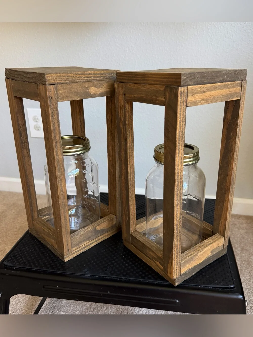 Solid Wood Fairy Lights Lanterns Handmade Set of 2 Rustic Brown